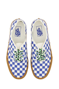 Vans men’s authentic sneaker white featuring blue and white checkerboard pattern with green and black laces