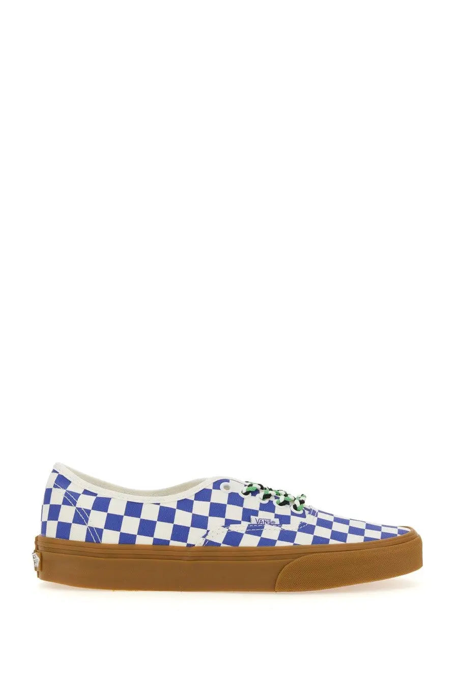 Vans men’s authentic sneaker white with blue and white checkerboard pattern green laces and gum rubber sole