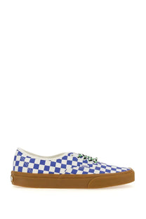 Vans men’s authentic sneaker white with blue and white checkerboard pattern green laces and gum rubber sole