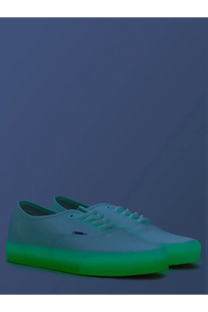 Vans men’s authentic sneaker white with white canvas upper and vibrant neon green glow-in-the-dark rubber sole
