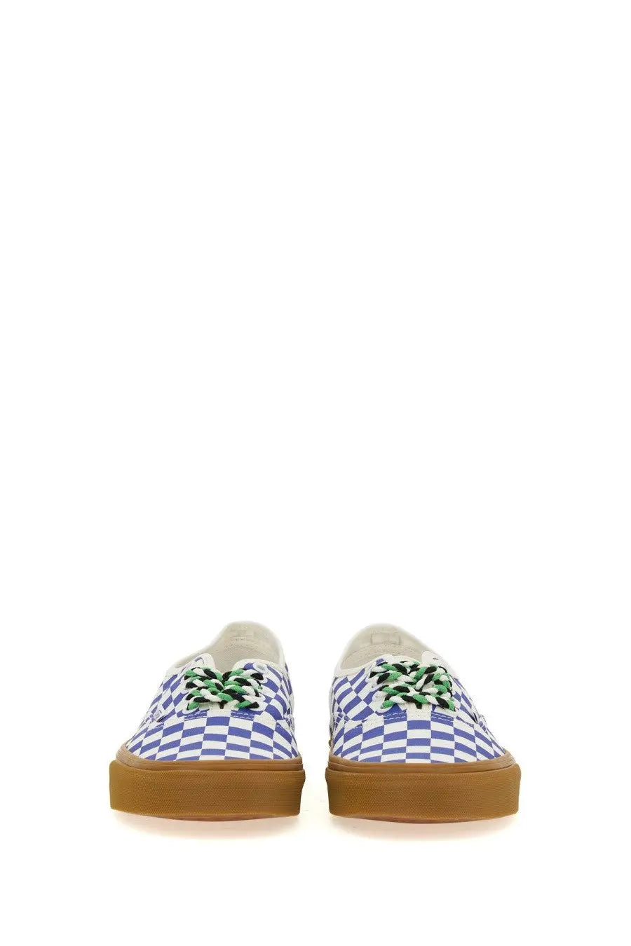 Vans men’s authentic sneaker in purple and white checkerboard pattern with green laces