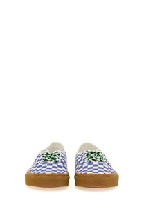 Vans men’s authentic sneaker in purple and white checkerboard pattern with green laces