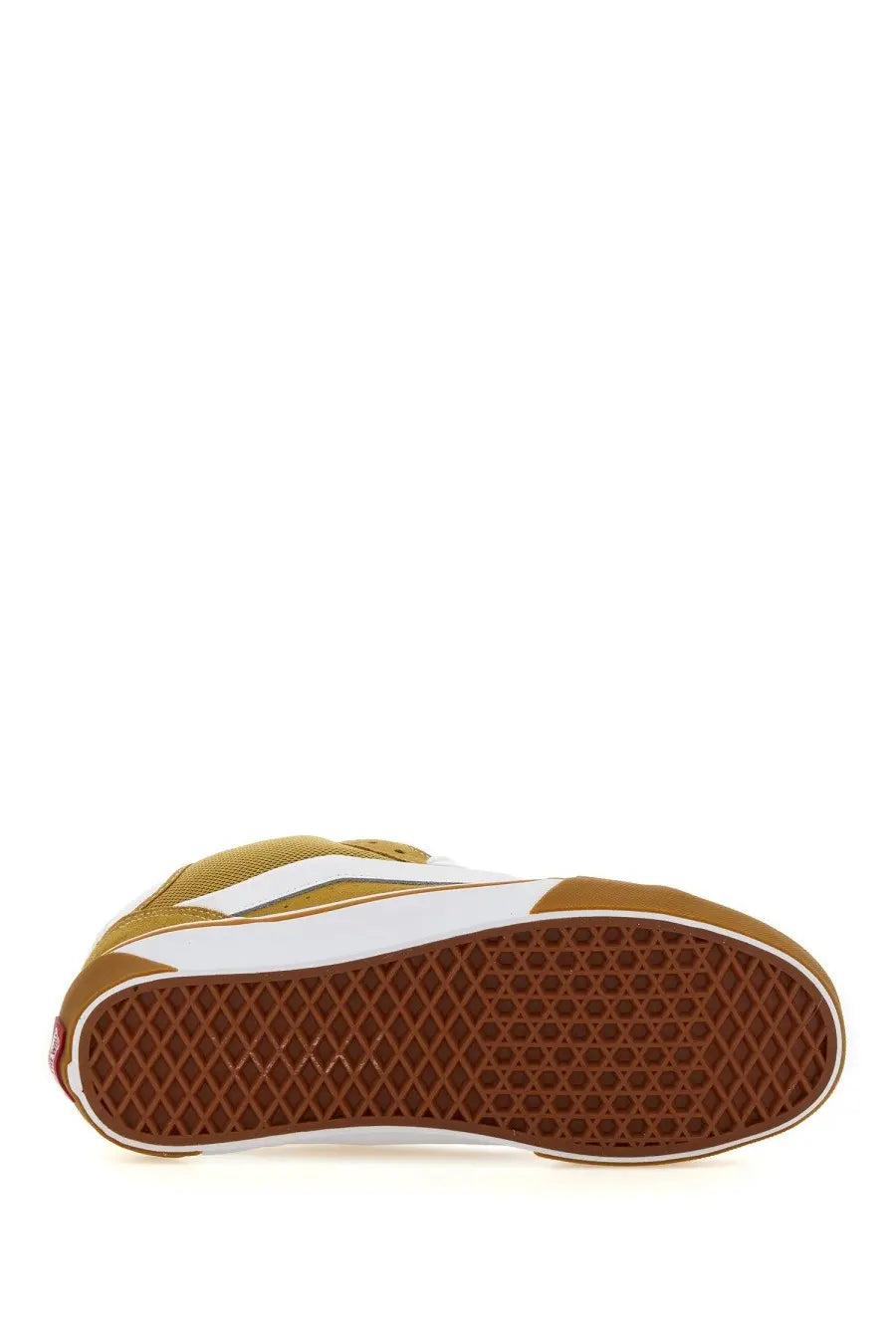 Vans men’s knu mid sneaker beige in gold and white high-top design with brown rubber sole and diamond tread pattern