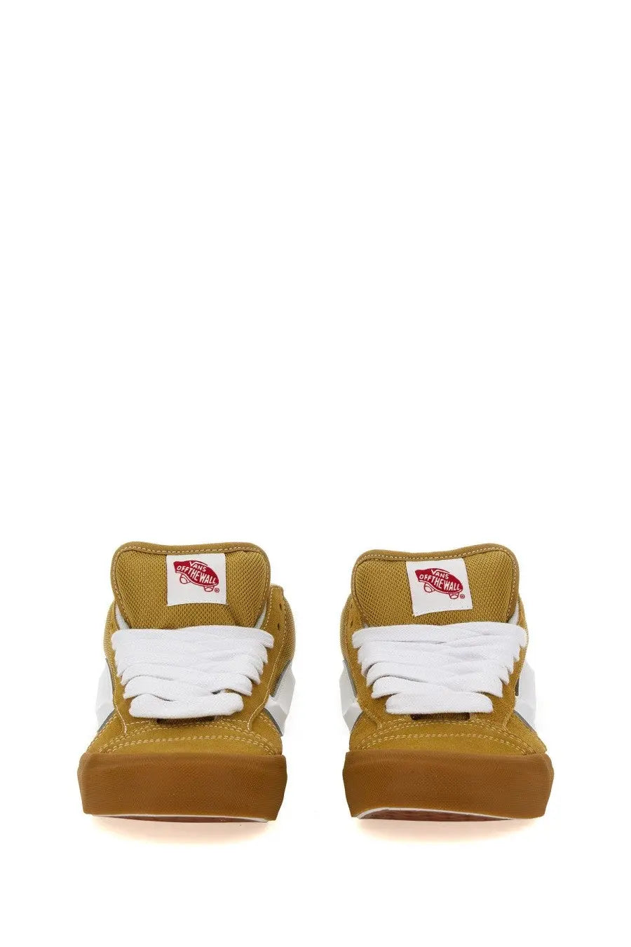 Pair of mustard-colored Vans men’s Knu Mid high-top sneakers with white laces and matching gum rubber sole