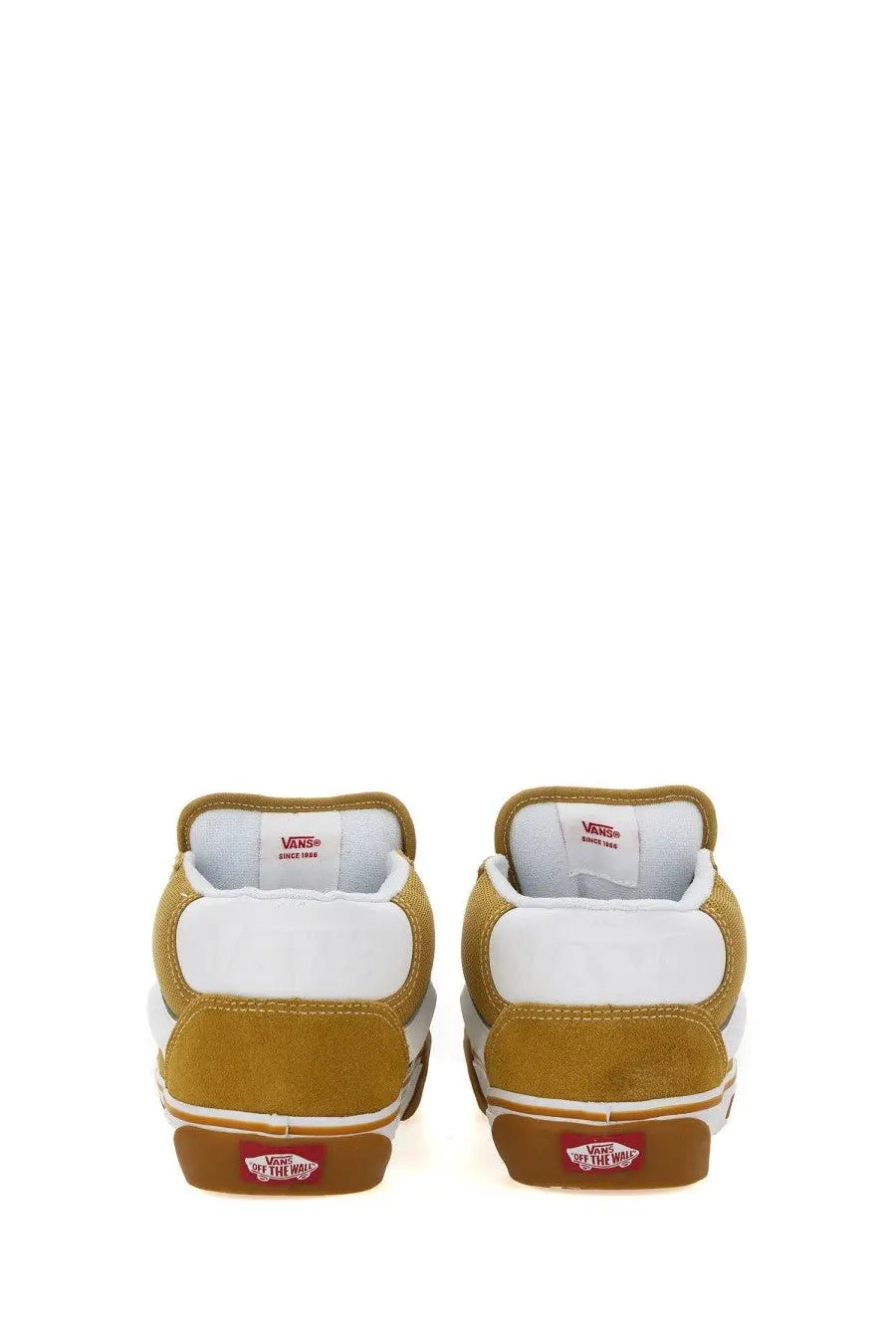 Pair of Vans men’s knu mid sneakers in mustard and white suede with rubber soles for casual wear