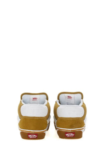 Pair of Vans men’s knu mid sneakers in mustard and white suede with rubber soles for casual wear