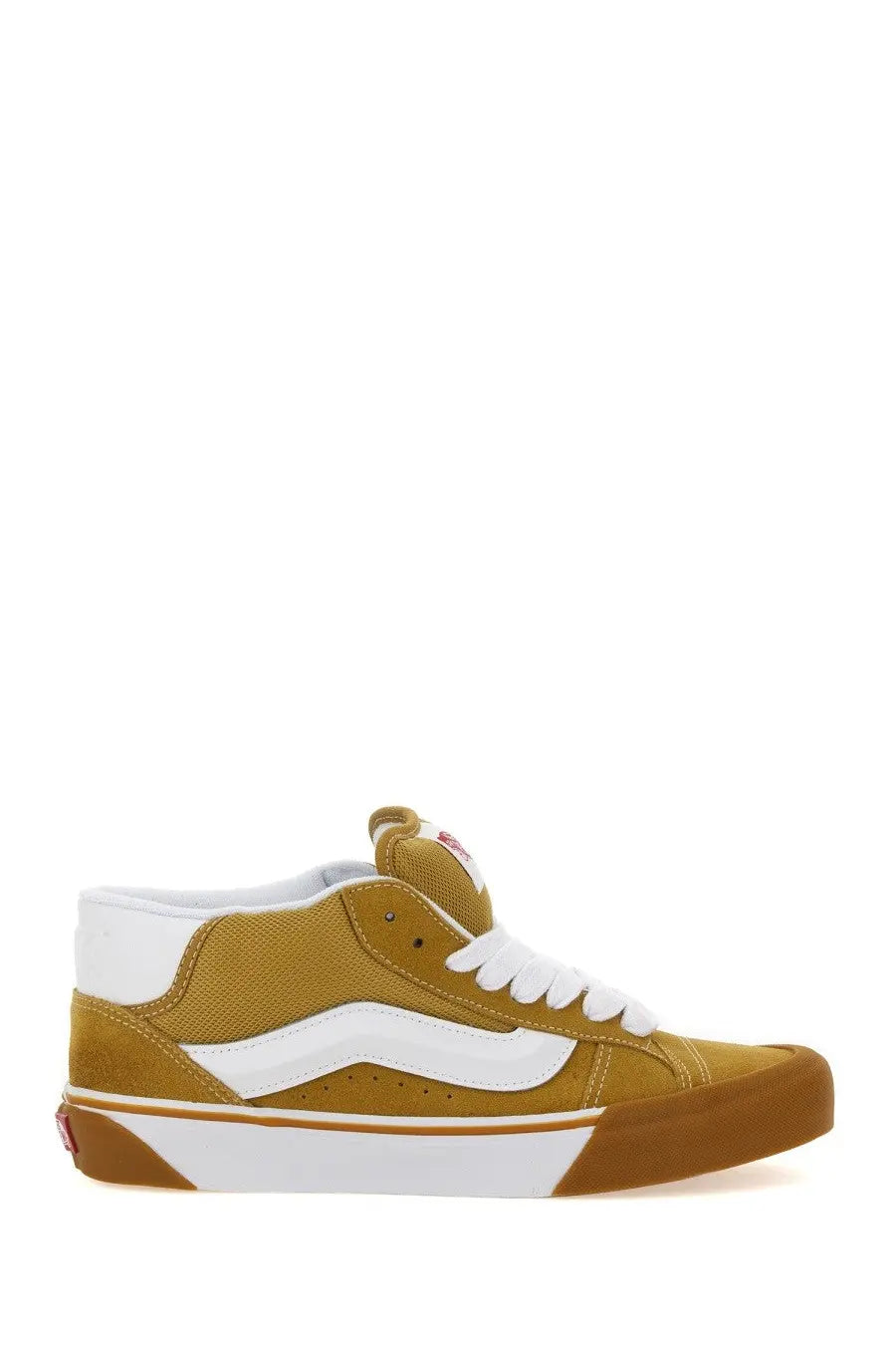 Vans men’s knu mid sneaker beige with tan and white suede upper rubber sole and classic side stripe