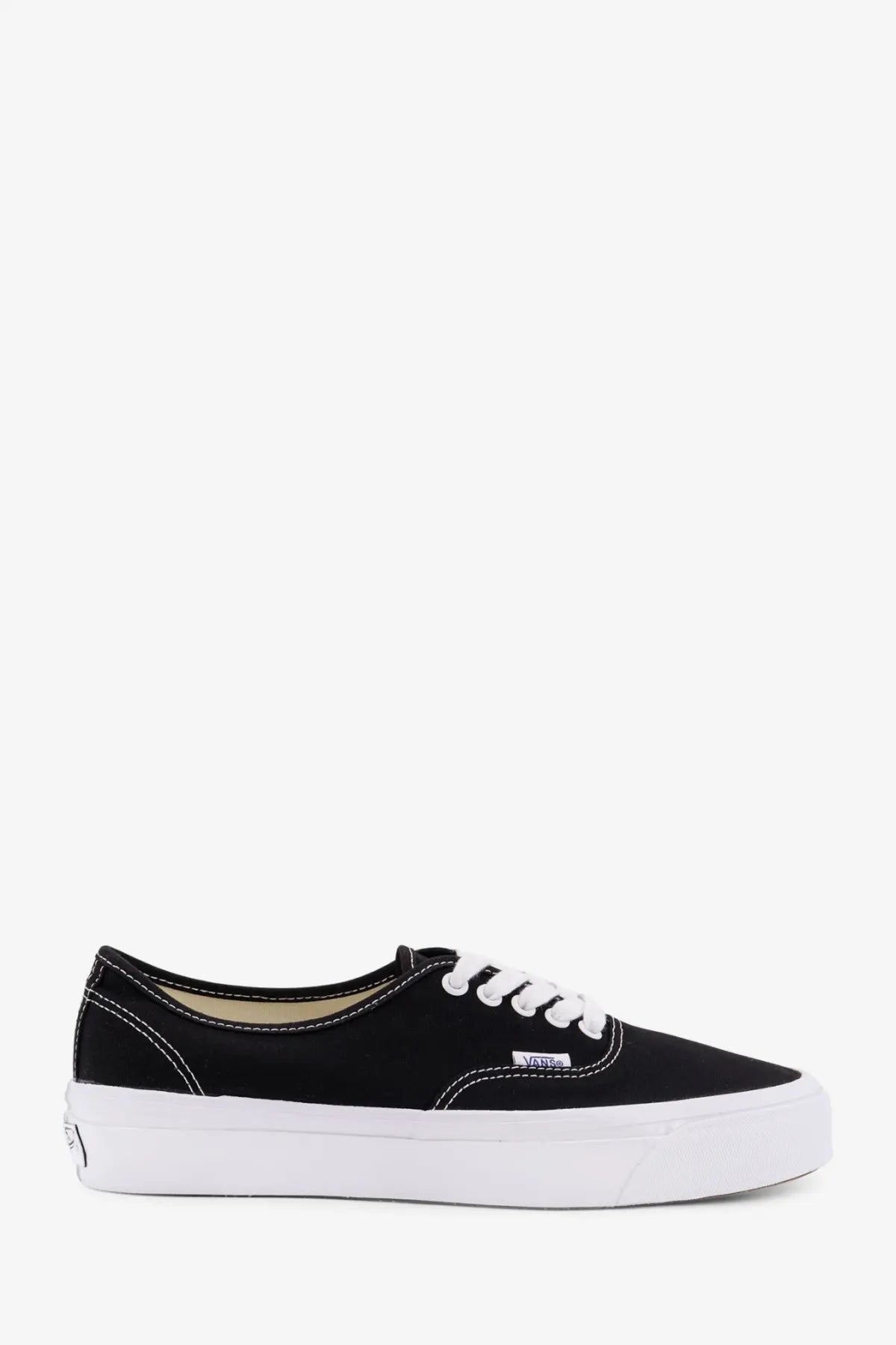 Vans men’s Lx Authentic Reissue canvas sneakers in black with white laces and thick white rubber sole