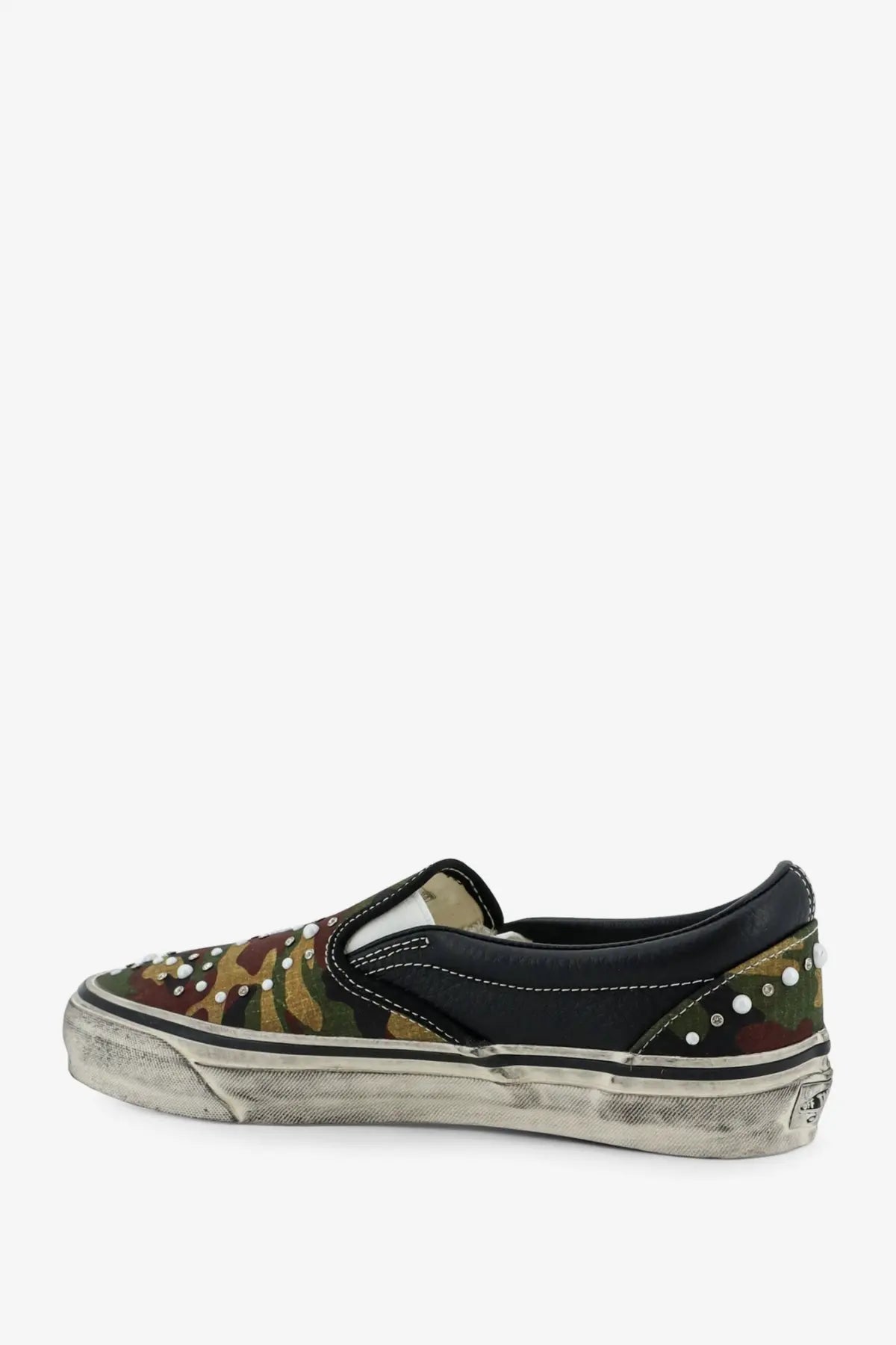 Vans men’s lx classic slip on canvas and leather sneaker in black with camouflage pattern and white pearl studs