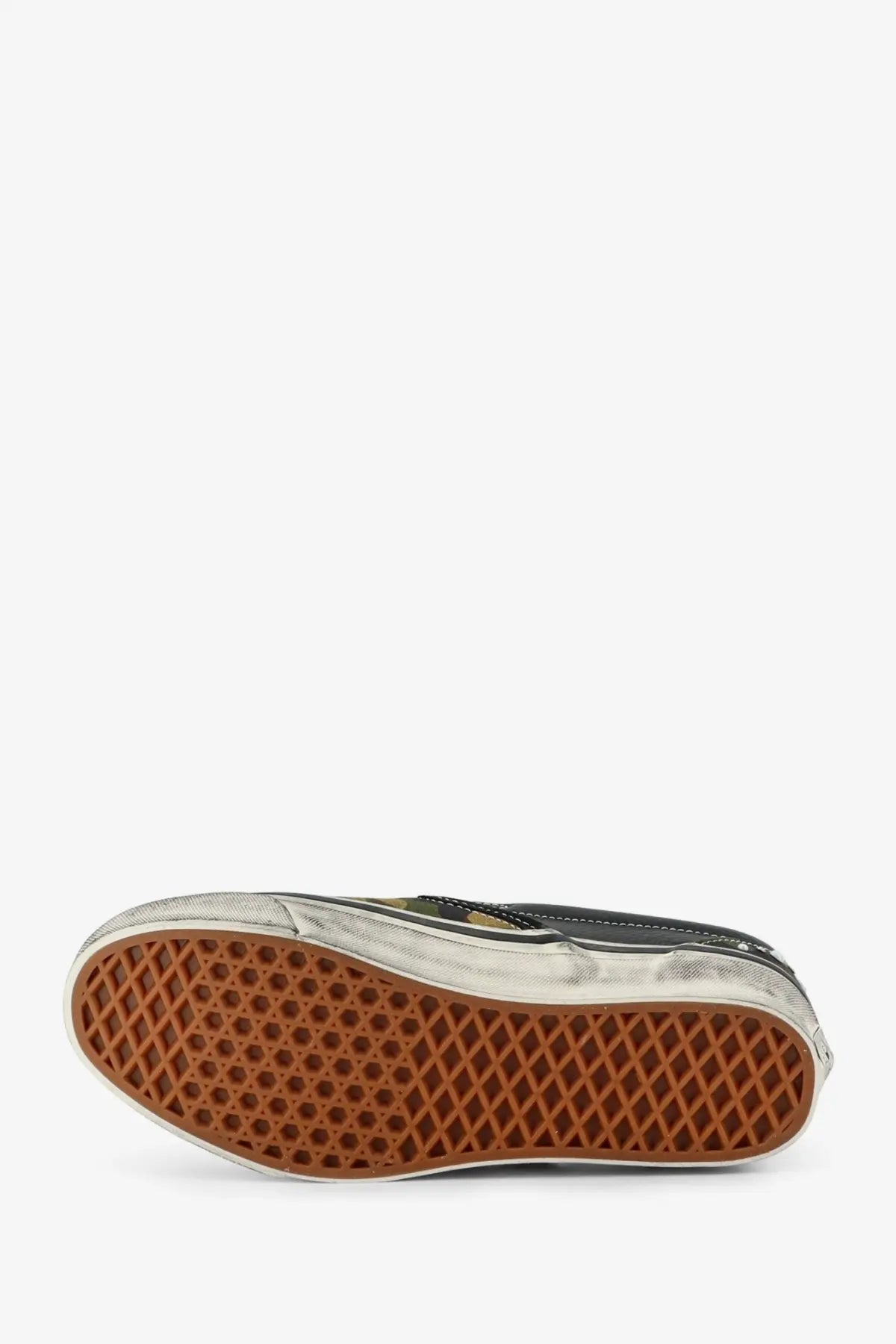 Vans men’s lx classic slip on canvas and leather sneakers in black with camouflage pattern and distressed upper