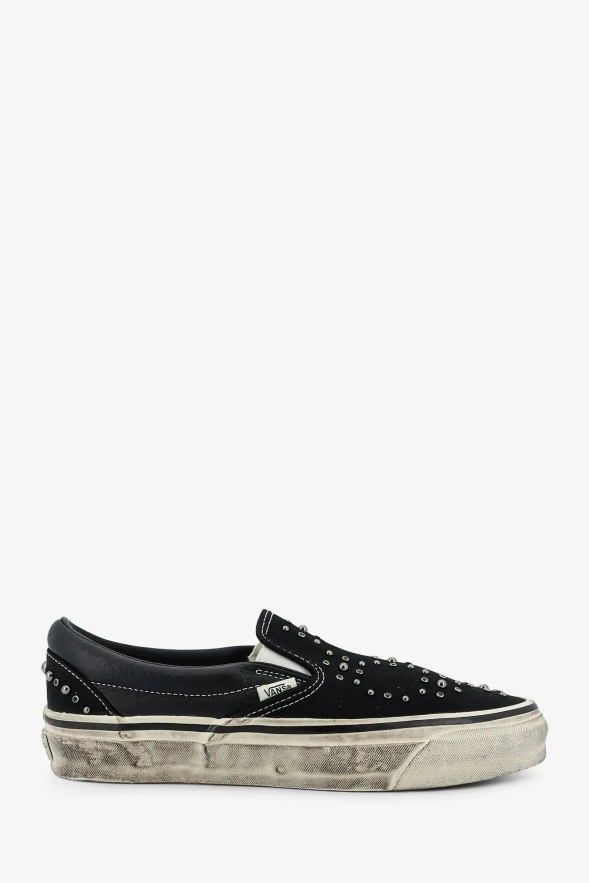 Black suede vans men’s lx classic slip on sneaker with silver studs and distressed rubber sole