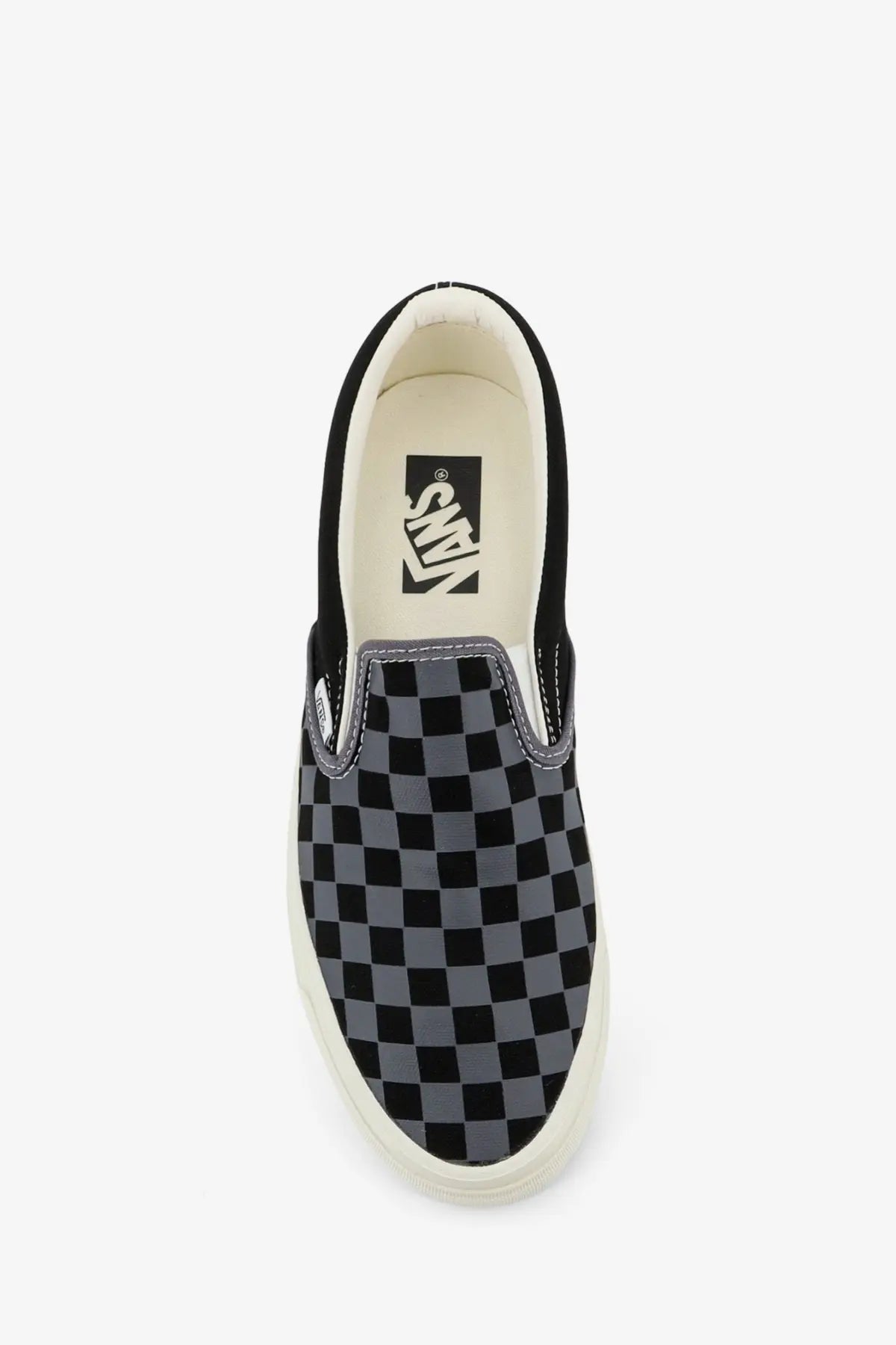 Vans men’s LX classic slip-on canvas sneakers in black and gray checkerboard with white rubber sole