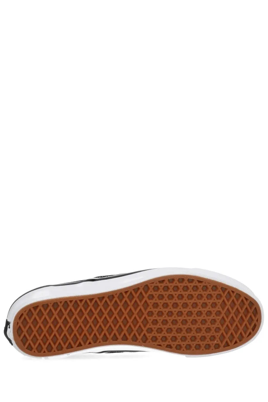 Vans men’s slip-on sneaker in black and white with brown rubber sole featuring iconic diamond tread pattern