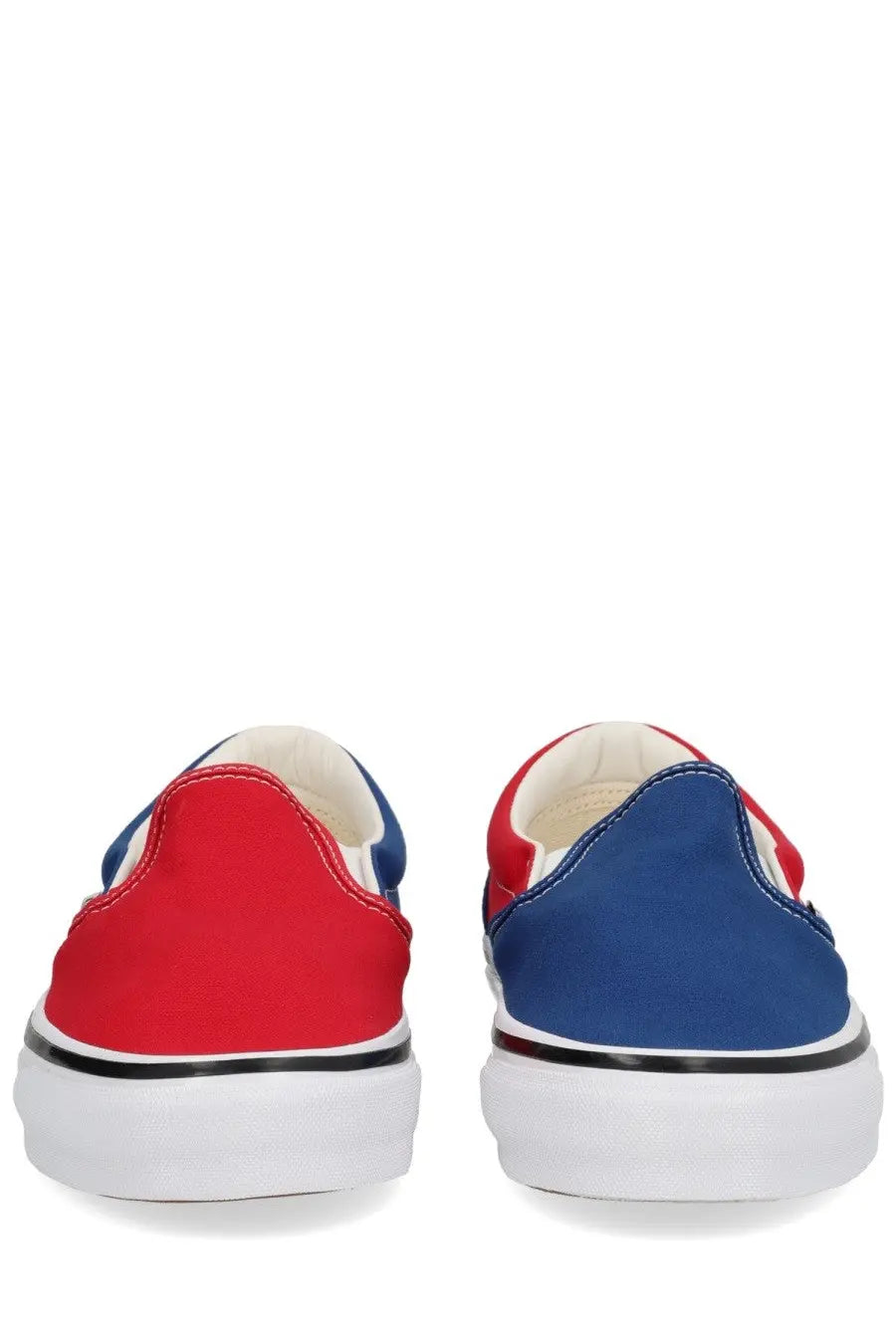 Vans men’s sneaker engineered garments multicolor red and blue canvas slip-on with white rubber soles and black stitching