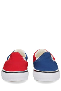 Vans men’s sneaker engineered garments multicolor red and blue canvas slip-on with white rubber soles and black stitching