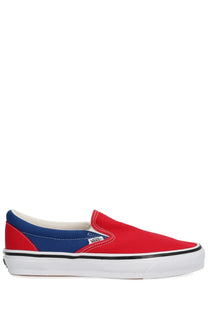 Vans men’s sneaker engineered garments multicolor red and blue canvas slip-on with white rubber sole and black stripe