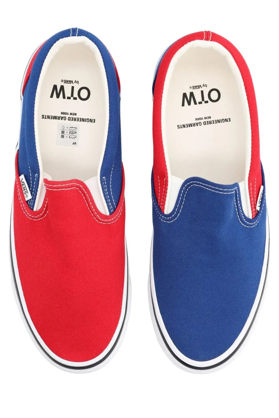 Vans men’s sneaker engineered garments multicolor slip-on with red and blue canvas upper and white rubber soles