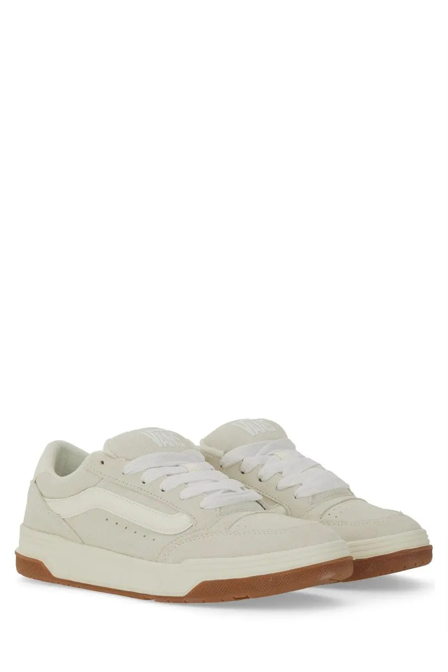 Vans men’s sneaker Hylane white cream-colored suede upper with white laces and tan rubber sole