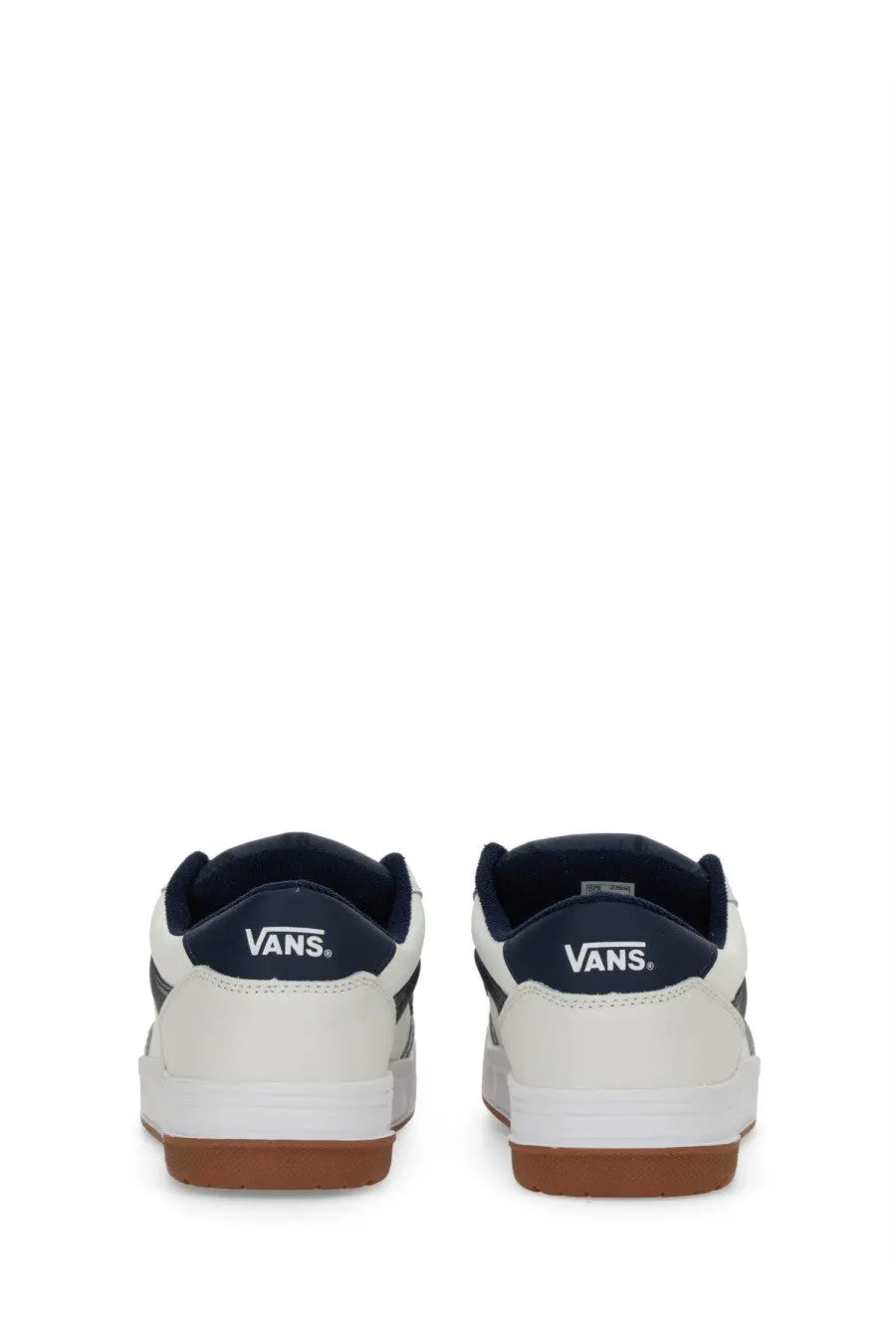 Vans men’s sneaker Hylane in white and navy blue with gum rubber sole skate shoes shown from the back side