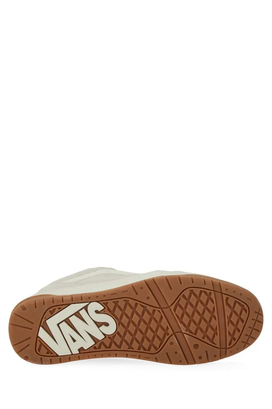 Vans men’s sneaker hylane white with brown rubber sole and white vans logo on the heel for casual wear