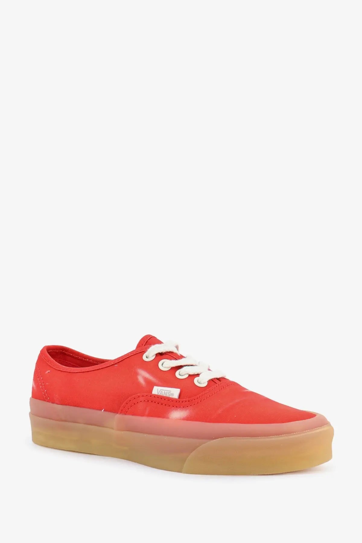 Vans unisex lx authentic canvas sneakers in glossy red with white laces and a translucent gum rubber sole