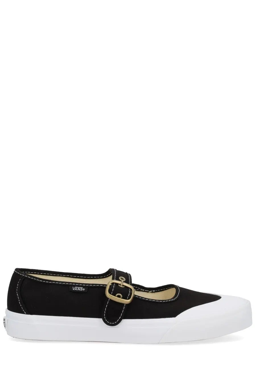 Vans unisex mary jane shoe in black canvas with white rubber sole and gold-tone buckle for casual wear