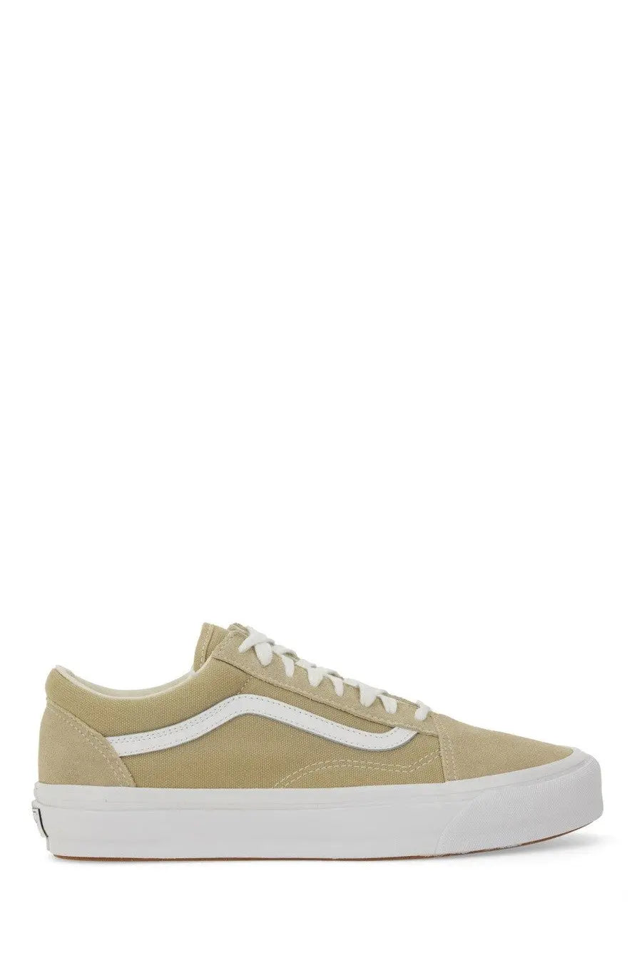 Beige canvas vans unisex old skool xl sneaker with white laces classic side stripe and thick white rubber sole