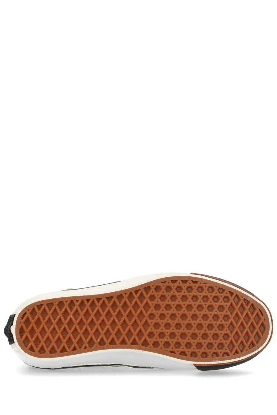 Brown rubber sole with diamond-patterned tread white sidewalls and black heel tab on vans unisex sneaker authentic black back view