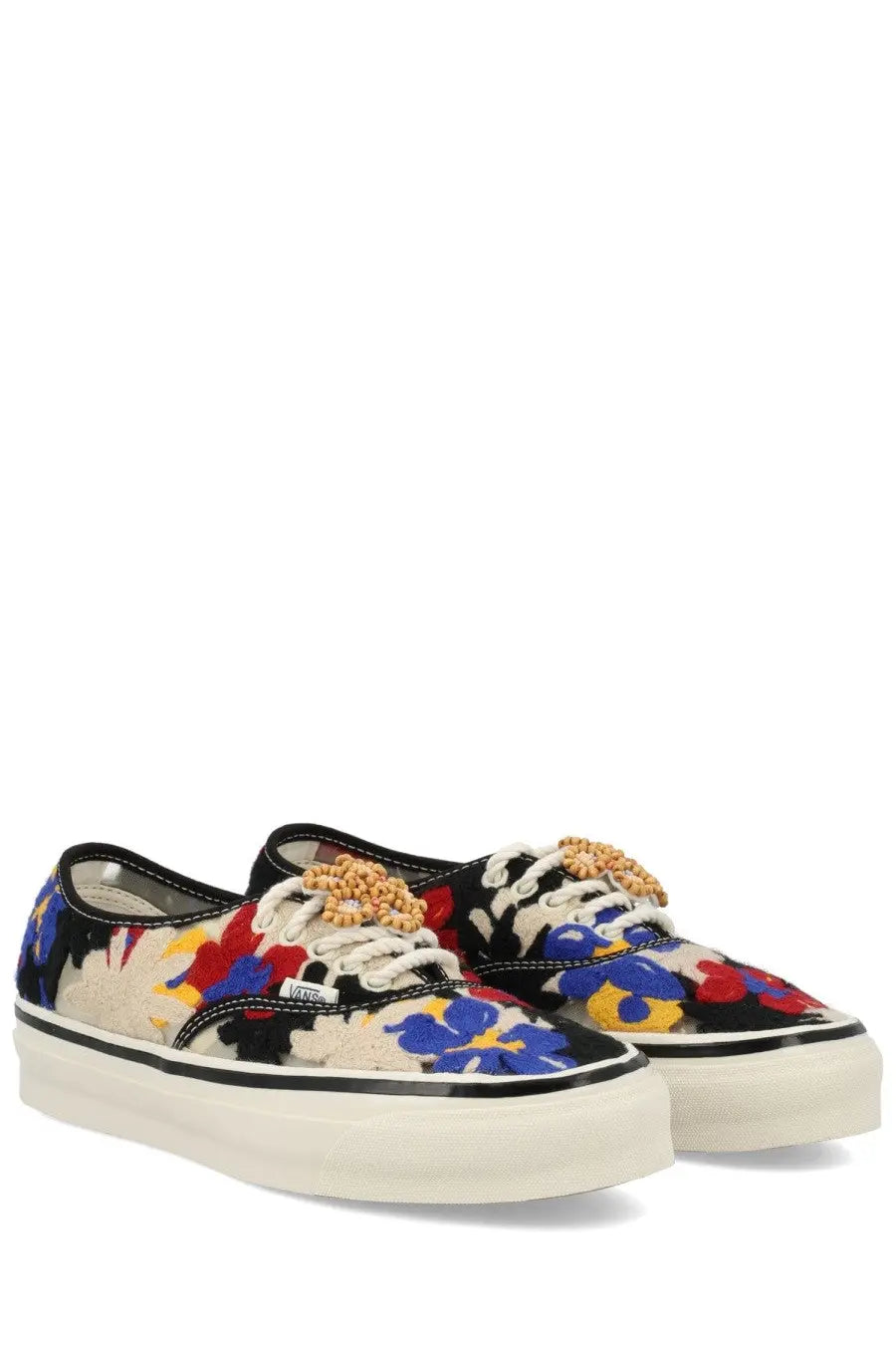 Vans unisex sneaker authentic premium with vibrant blue red yellow and black floral canvas upper and beige lace aglets