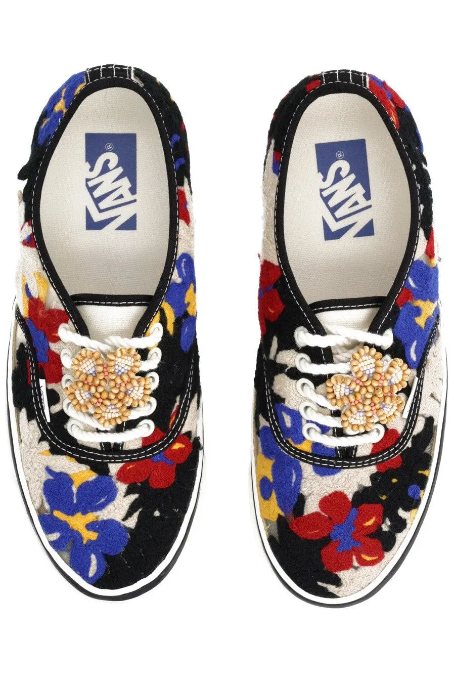 Vans unisex sneaker authentic premium multicolor with vibrant red blue yellow floral pattern on beige canvas and gold beaded appliqués