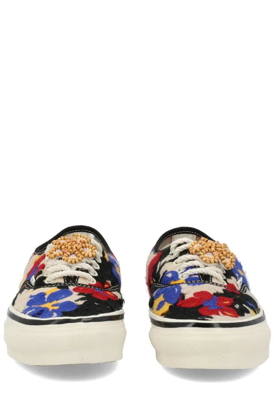 Vans unisex sneaker authentic premium with vibrant red blue yellow floral pattern on black canvas and beige laces with beaded flower accent