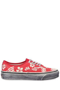 Vans unisex sneaker authentic premium red with white hibiscus and skeleton patterns on canvas upper and gray sole
