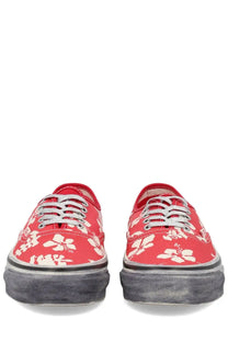 Vans unisex sneaker authentic premium red featuring red canvas with white hibiscus flower patterns and silver laces
