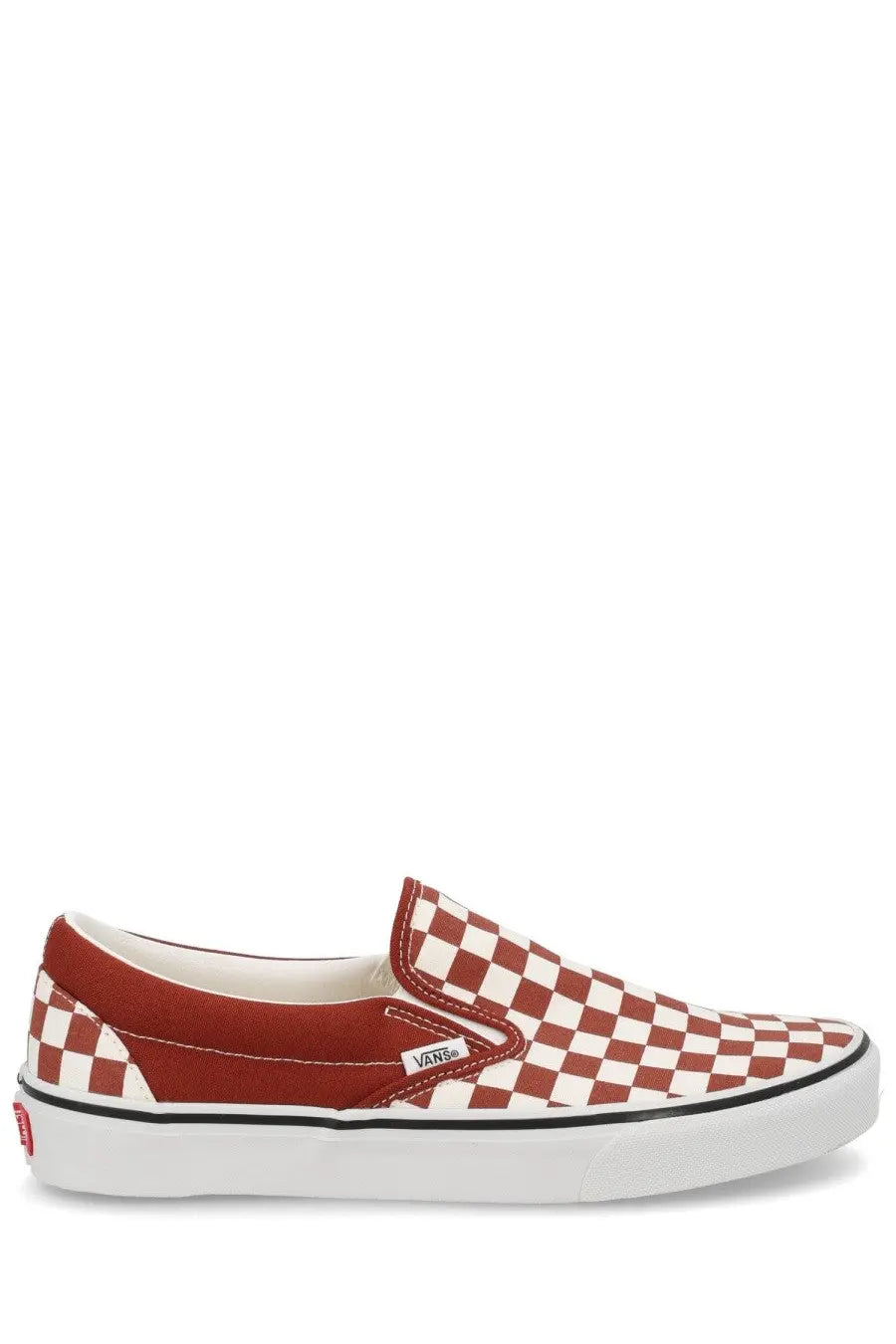 Red and white checkerboard vans unisex slip on sneaker with classic canvas upper and rubber sole