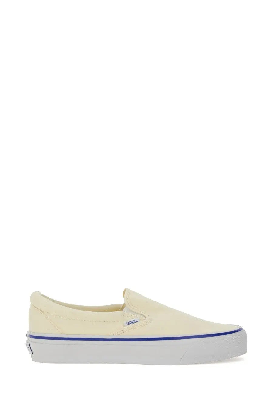 Vans unisex cream-colored canvas slip-on sneaker with white rubber sole and blue piping featuring Vans logo on side