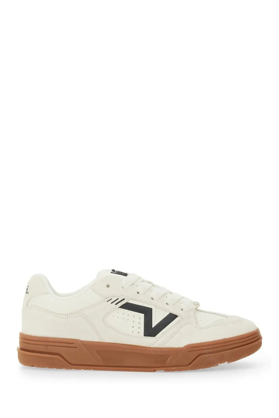 Cream-colored suede Vans unisex upland low-top sneaker with black n logo and tan rubber sole
