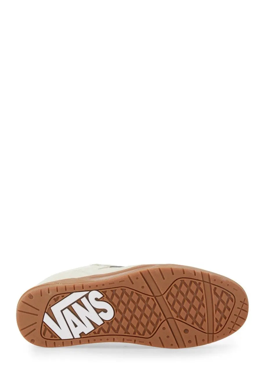 White vans unisex upland sneaker with brown rubber sole and iconic vans logo in white lettering viewed from the back