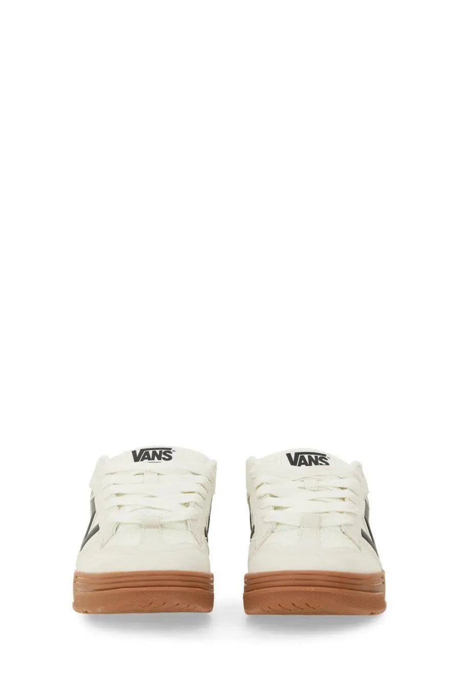 Vans unisex Upland sneaker white with black side stripes and gum-colored rubber soles in classic canvas design