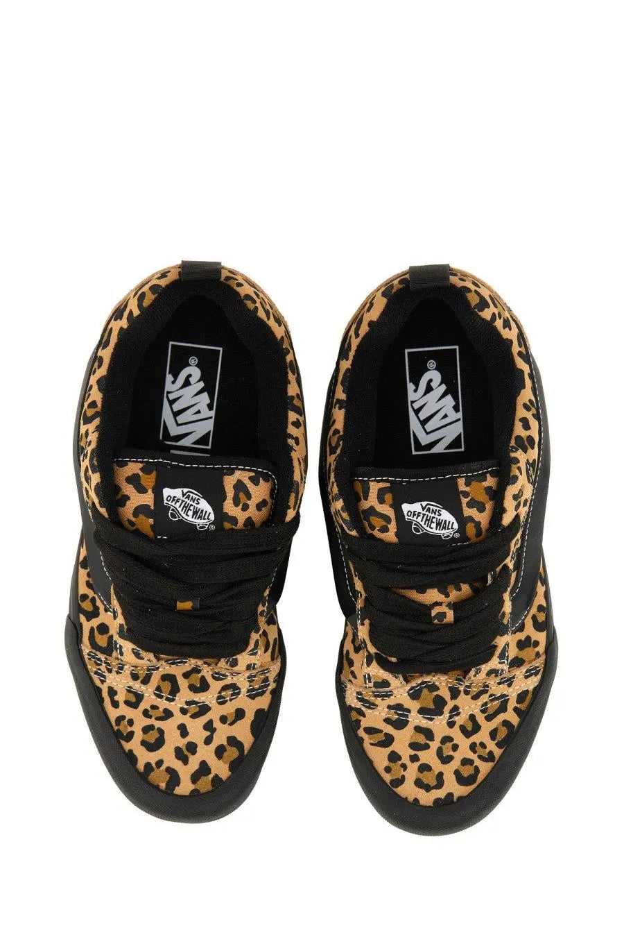 Vans women’s knu school sneaker pattern in black and tan leopard print with black laces and rubber soles