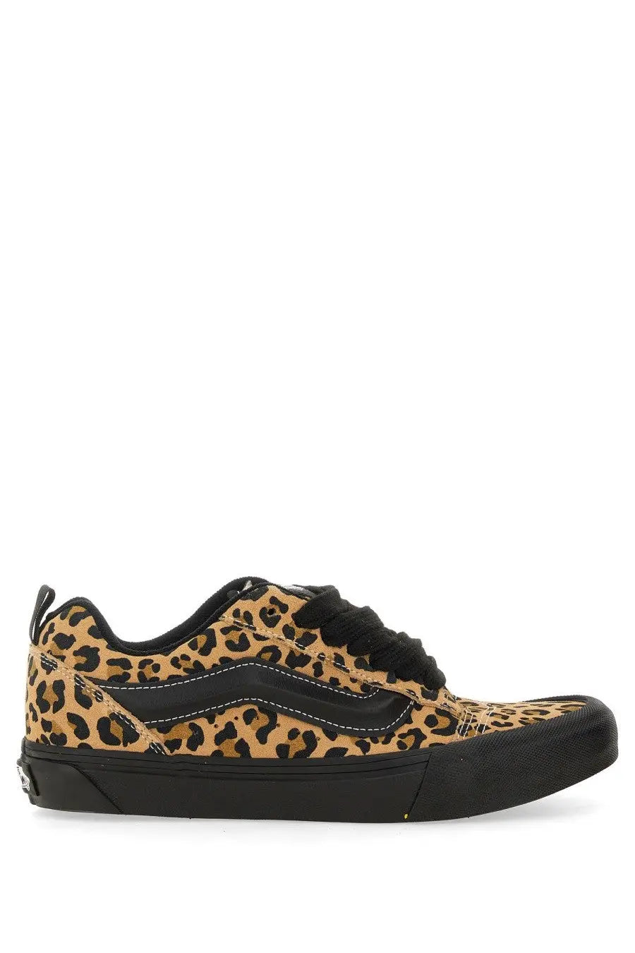 Leopard print vans women’s knu school sneaker with black laces and black rubber sole for casual wear
