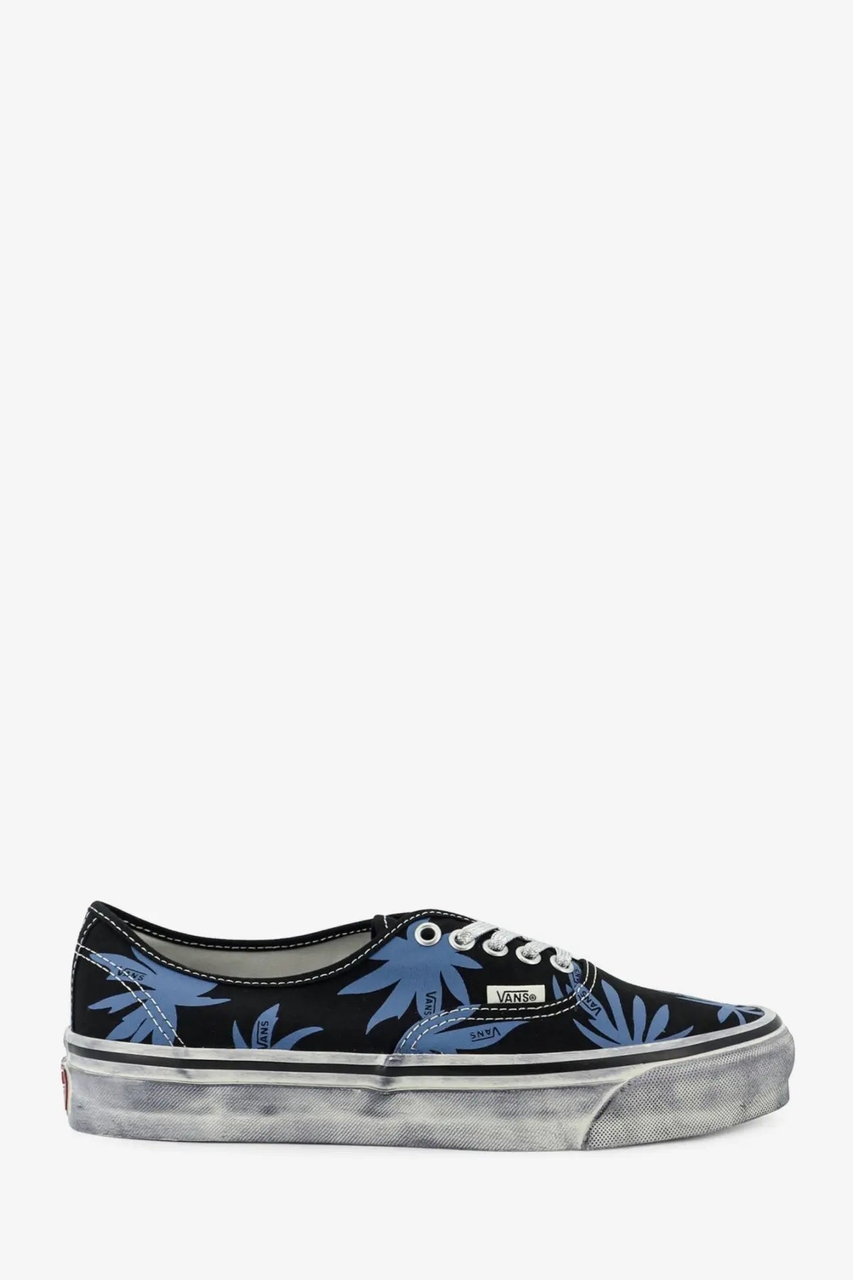 Vans women’s lx authentic canvas sneakers black with blue palm leaf pattern and distressed gray rubber sole