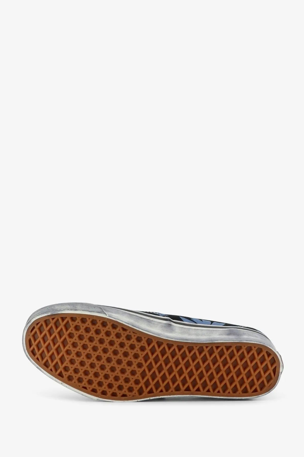 Vans women’s lx authentic canvas sneaker in black with blue stripes silver rubber sole and classic brown waffle outsole