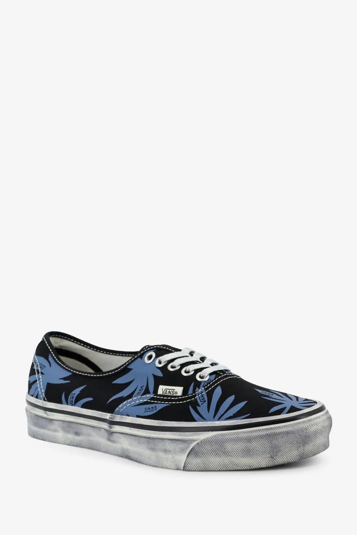 Vans women’s lx authentic canvas sneakers in black with blue palm leaf pattern and silver rubber sole