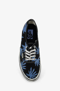 Vans women’s lx authentic canvas sneakers in black with blue palm leaf pattern and silver laces