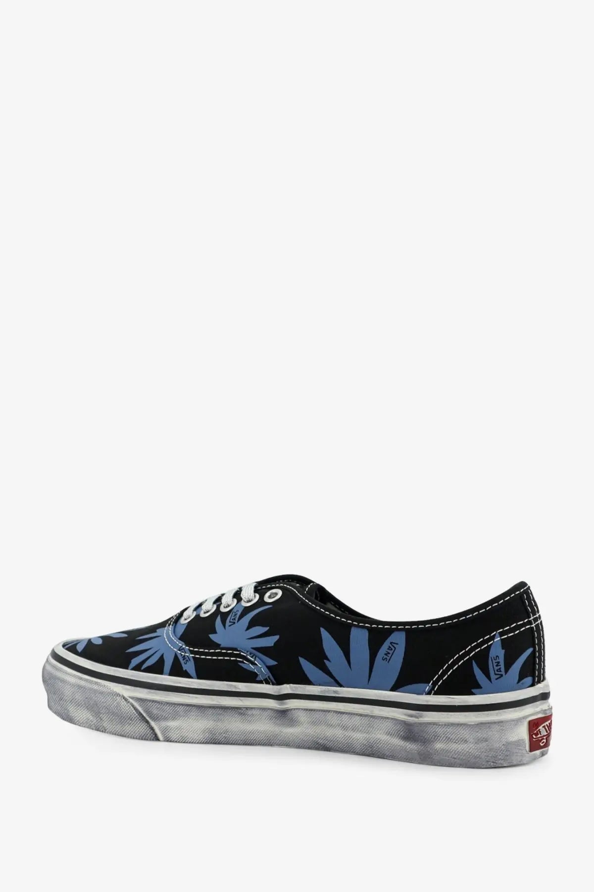 Vans women’s lx authentic canvas sneakers in black with blue palm leaf print and distressed gray rubber sole