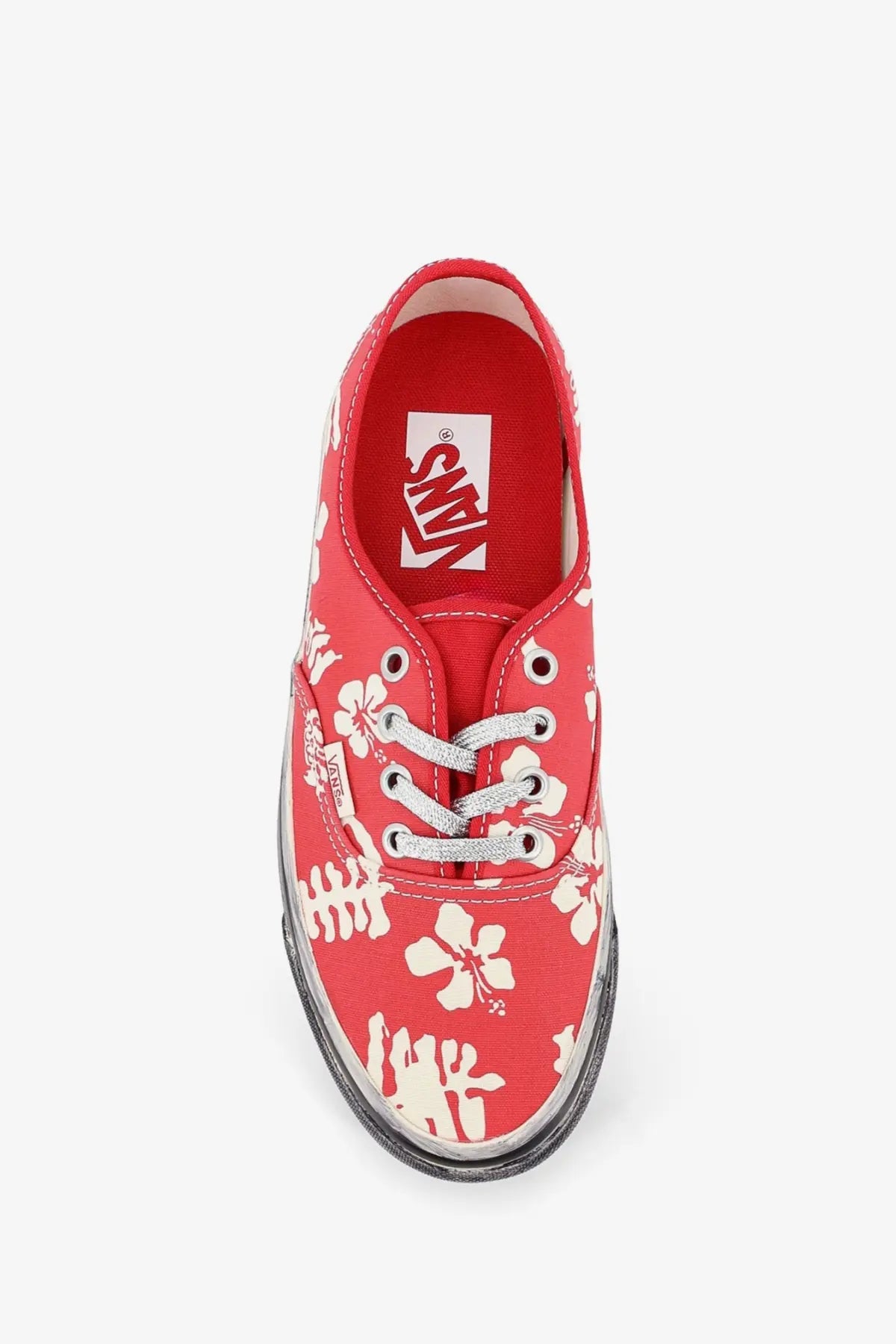 Vans women’s lx authentic canvas sneakers in red with white hibiscus flower pattern and silver laces