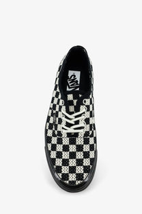 Vans womens lx authentic fabric sneakers black with black and white checkerboard patterned upper and white laces