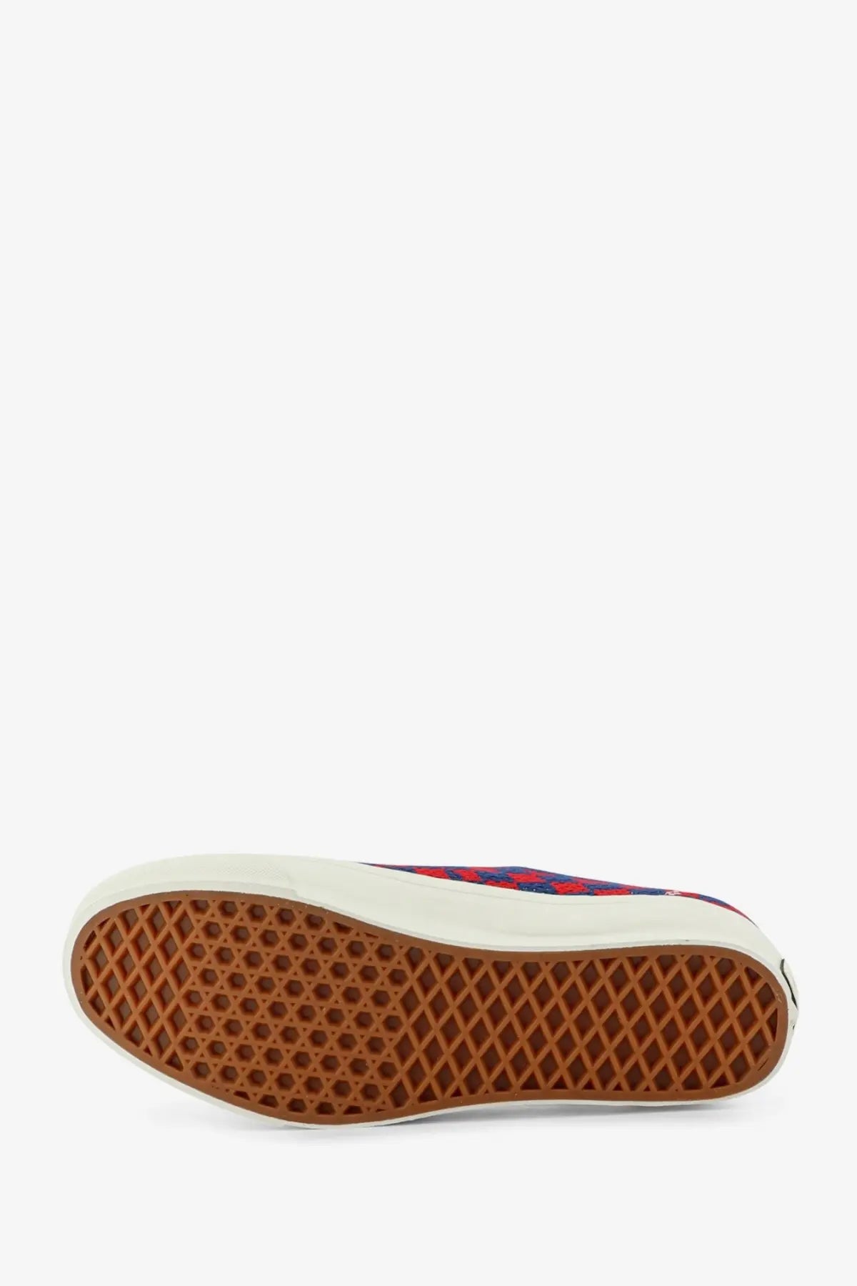 Vans women’s lx authentic fabric sneakers in blue with red and blue checkered slip-on design and tan rubber sole