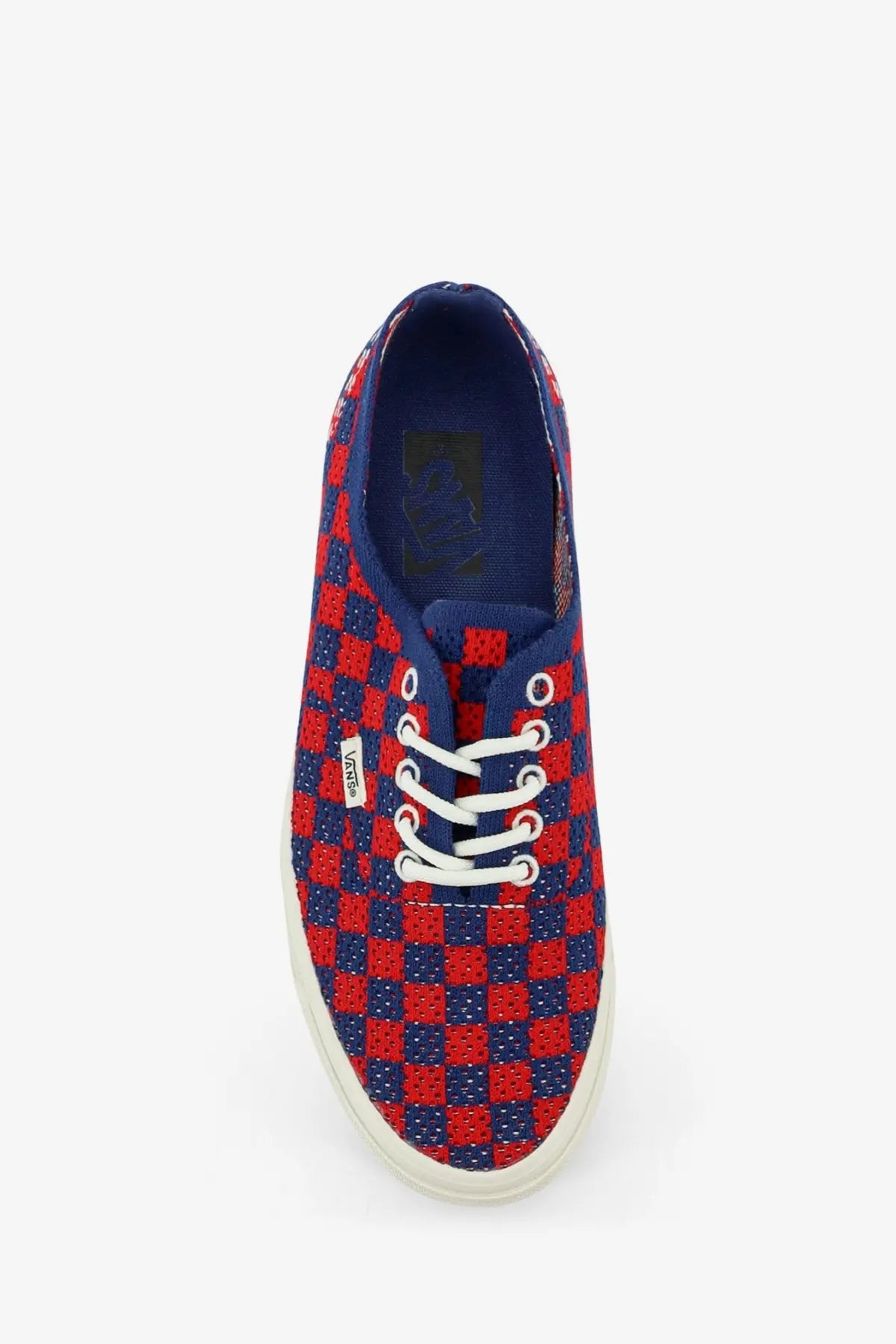 Vans women’s lx authentic fabric sneakers blue featuring red and navy blue checkerboard pattern with white laces