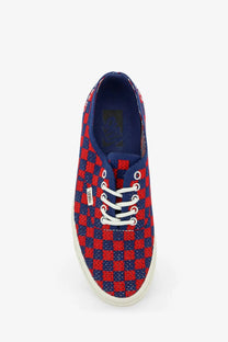 Vans women’s lx authentic fabric sneakers blue featuring red and navy blue checkerboard pattern with white laces